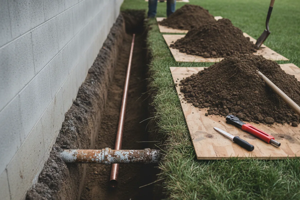 Excavated water line trench during Water Softener Installation in Sherborn